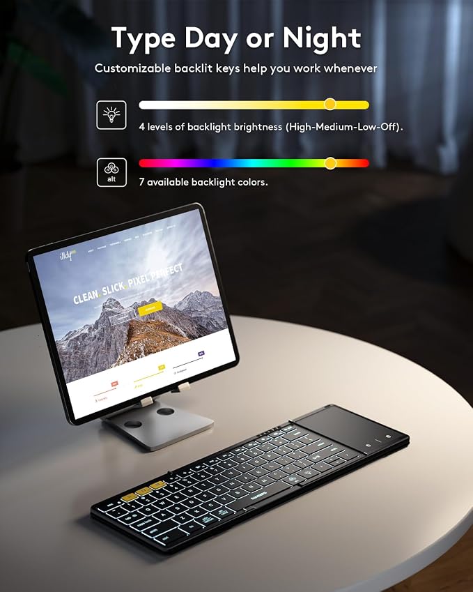 Samsers Full-Size Backlit Foldable Bluetooth Keyboard with Touchpad, Black | 7-color illuminated, BT5.1 x 3, Multi-touch Trackpad, PU Leather Cover, Phone Holder, Mouse click, Velvet bag, Mobile Work - Image 3
