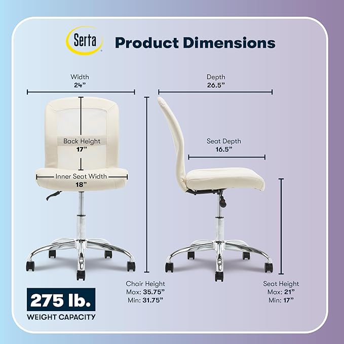 Serta Armless Small Home Desk Chair with Wheel, Ergonomic Mesh Office Chair | Essentials, Leather & Foam Cushioned Seat, Adjustable Height, Bedroom & Small Space Vanity Chair, 360° Swivel, Cream White - Image 3