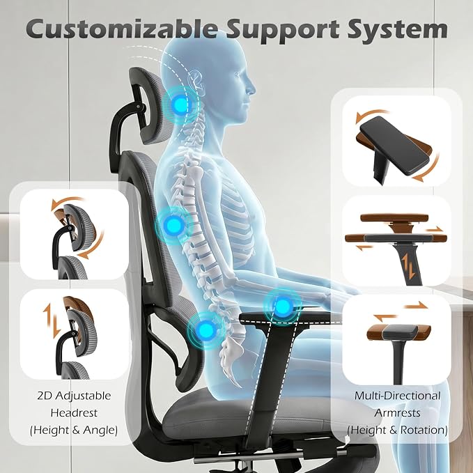 Ergonomic Office Chair with Footrest and Dynamic Lumbar Support, Grey | Reclining high-back computer chair, memory foam seat, 4D armrests, 2D headrest, mesh desk chair for home office, long hours - Image 6