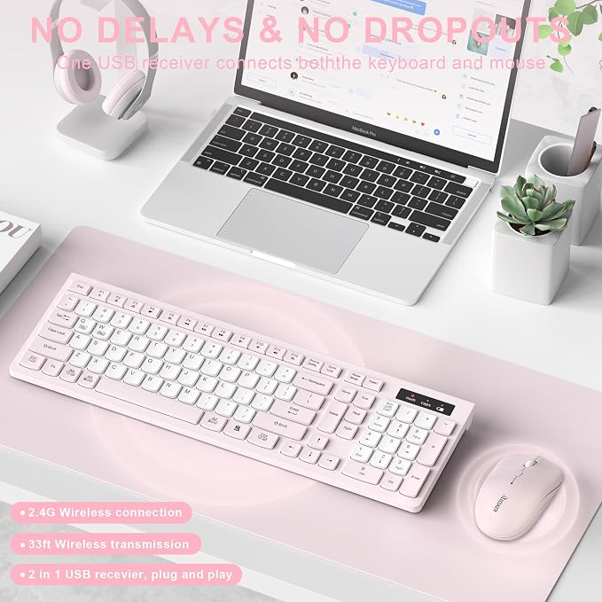 Wireless Keyboard and Mouse Combo Silent for Office and Home(Pink-B) | 2.4G Full Size Silent Cordless Keyboard with Tilt Legs,3-Level DPI Quiet Mouse,for Windows/Mac OS/Desktop/Laptop/PC - Image 2