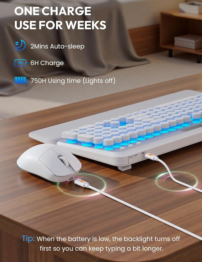 Wireless Keyboard and Mouse, Backlit Typewriter with Magnetic Wrist Rest | Phone Holder, Light Up Round Keycaps, Lighting Mouse, 2.4GHz Cordless Set for Mac, Windows, PC, Laptop, SABLUTE - Image 6