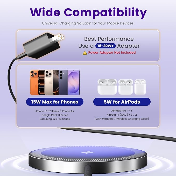 15W Wireless Charger for Apple MagSafe Charger, Magnetic Fast Charging Pad | Compatible for iPhone 17 16 15 14 13 12 Pro Max, AirPods-Slim Portable for Desk Bedside and Travel - 2 Pack, Black - Image 3