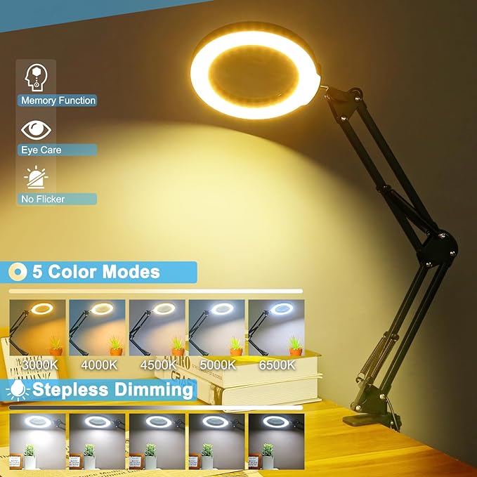 Coyeth 10X Magnifying Glass with Light and Clamp, Real Glass Stand Lighted Magnifier, 5 Color Modes Stepless Dimmable LED Desk Lamp Hands Free for Crafts Hobby Reading Painting Sewing Close Work - Image 4