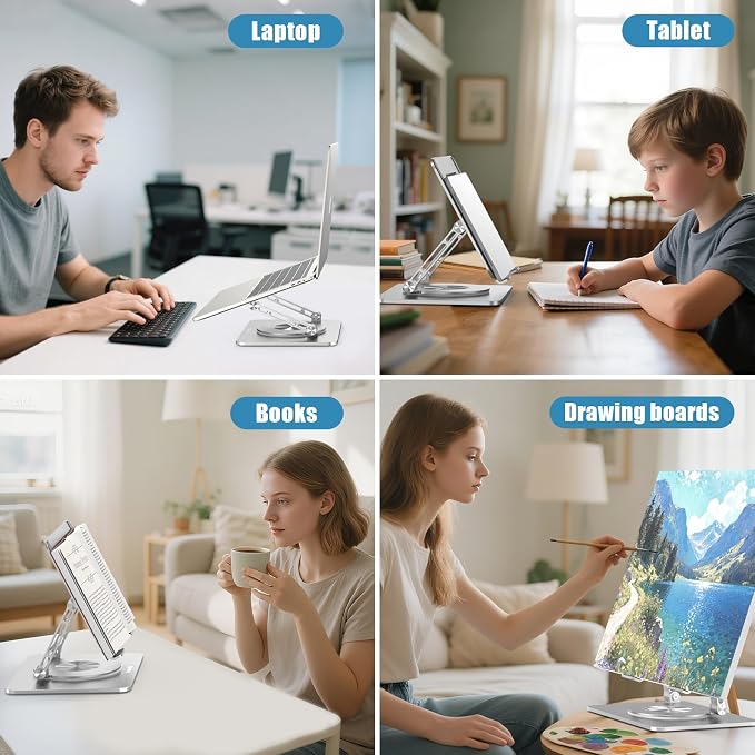 Laptop Stand for Desk, Adjustable Height & Angle Portable Aluminum Laptop Riser & Monitor Stand with 360° Swivel, Foldable Ergonomic Computer Stand for 10-17 Inch Laptops (MacBook/Dell/HP), Silver. - Image 4