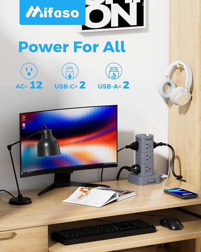 Charging Station Tower, Power Strips with Surge Protection, Flat Plug | 12 Outlets 4 USB Ports, 6Ft Extension Cord with Multiple Outlets, Office Desk Supplies, Dorm Essentials - Image 2