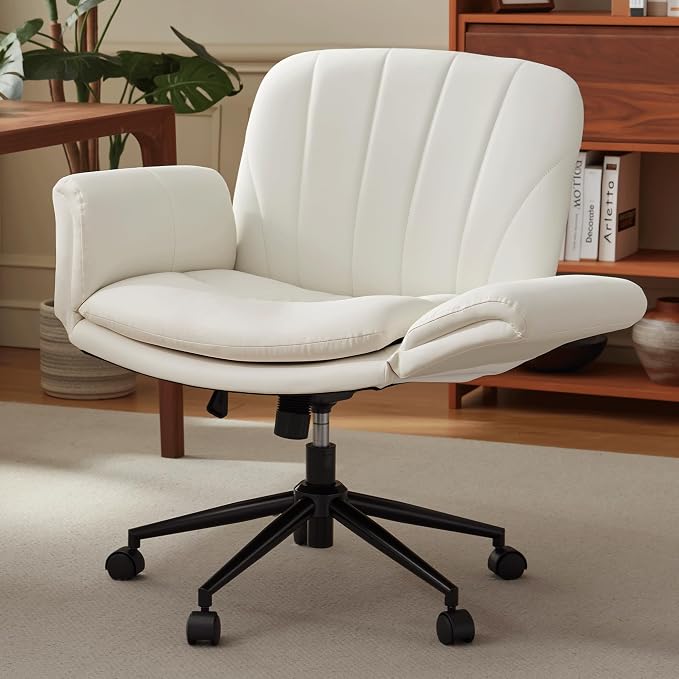 Dowinx Criss Cross Chair with Five-Level Adjustable Arms and Wheels - Comfortable Ergonomic PU Leather Swivel Vanity Chair - Computer Makeup Chair for Home Office, Bedroom, Vanity Room -Milk White by Dowinx