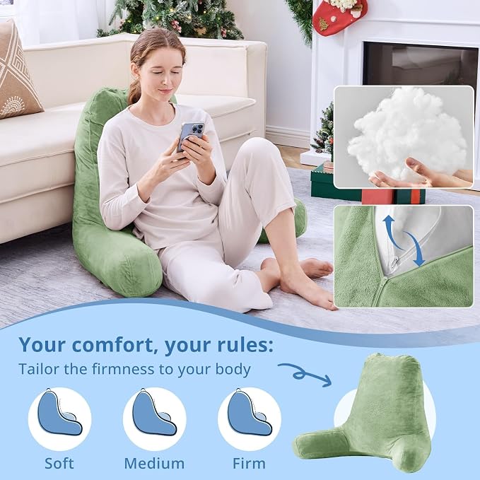 Sasttie Reading Pillow for Bed, Back Pillow for Sitting Up, Sage Green | 25" Backrest Support Cushion for Couch, Sofa, and Floor, Dorm Essentials, OEKO-TEX, Adjustable Down Alternative Fill - Image 3