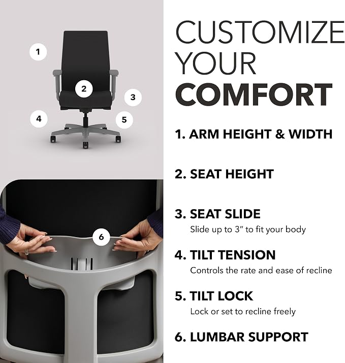 HON Ignition 2.0 Ergonomic Office Chair, Lumbar Support, Office Desk, Black | Ergonomic office desk chair with lumbar support, adjustable arms, office decor, workstation comfort for focused productivity - Image 3