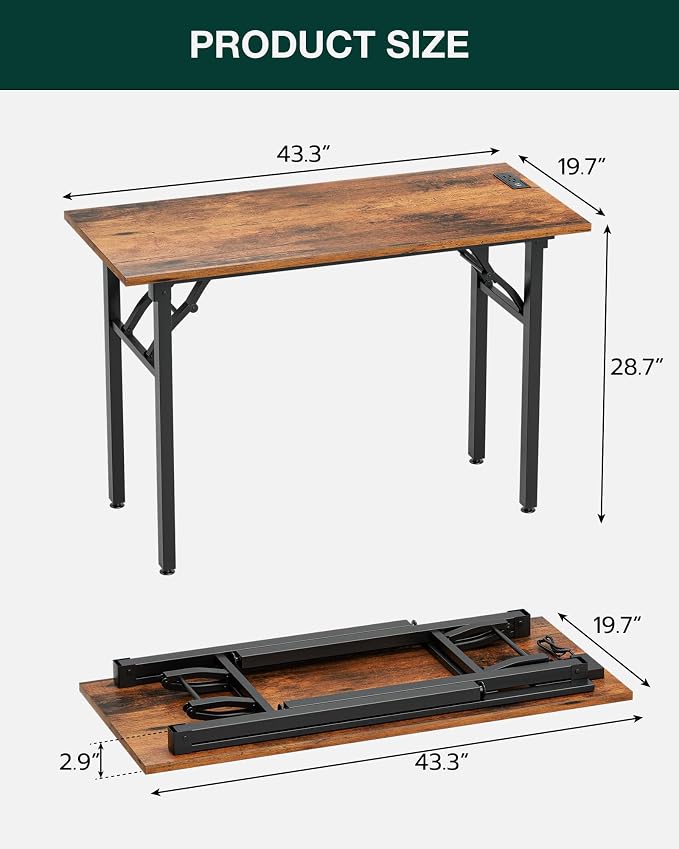 Small Folding Computer Desk – 43.3 Inch Portable Table for Craft and Study, Lightweight Desk for Small Spaces, Foldable Laptop Table Built-in AC/USB Outlets for Convenience, Rustic Brown - Image 2