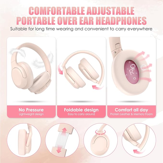 Active Noise Cancelling Headphones, Over-Ear Headphones Pink | Wireless Blutooth Headphones with100H Playtime, Built-in Microphone, Lightweight & Foldable, Deep Bass for Work/Gym/Travel - Image 5