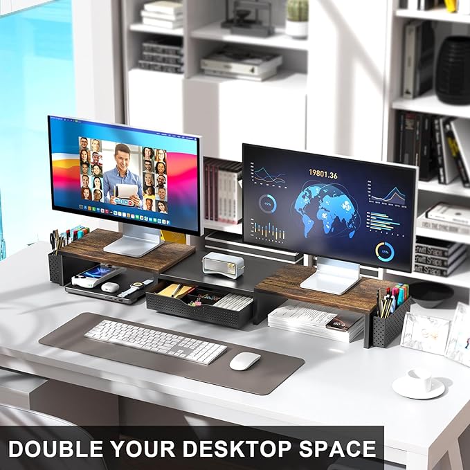 gianotter Dual Monitor Stand Riser With Drawer and 2 Pen Holders | Wood Computer Monitor Stand Desk Organizer and Accessories Desk Shelf for Top of Desk (Wood) - Image 4