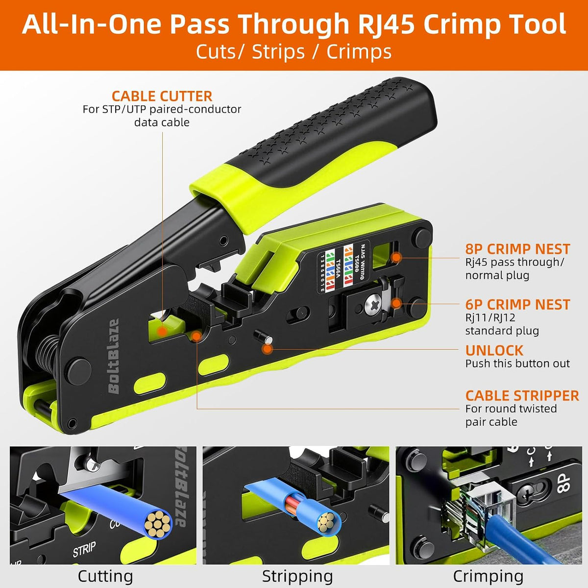 RJ45 Crimping Tool, All-in-One Ethernet Crimper Cat7 Cat6 Cat5 Crimping Tool for RJ11/RJ12 Standard, RJ45 Pass Through Connectors - Image 2