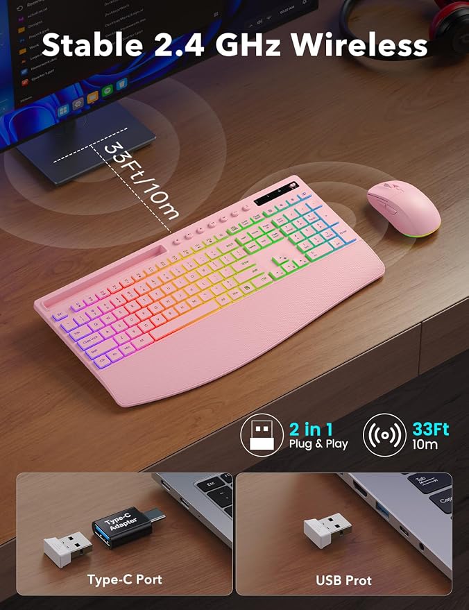 Trueque Wireless Keyboard and Mouse Combo, 4000mAh Battery, Wrist Rest | Rechargeable, 15 Backlit Effects, Full Size, Phone Holder, Quiet Typing, 2.4GHz Wireless, USB-A & C Connectivity for Windows - Image 6