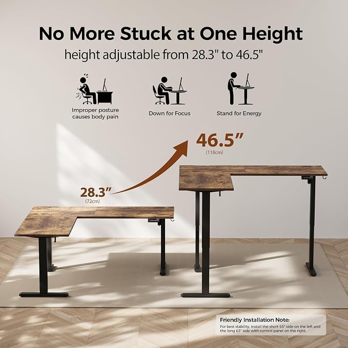 Agilestic L Shaped Standing Desk Adjustable Height, 63 Inch, Rustic Brown | Electric Height Adjustable, Spacious Corner Desktop, Sturdy Steel Frame, Memory Presets, 176 lbs, Splice Board - Image 5