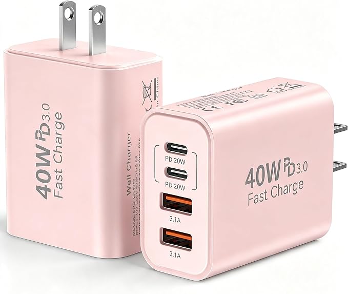 USB C Wall Fast Charger Block, 40W 4-Port Type C Chargers Fast Charging Blocks PD Power Charger Adapter+QC 3.0 USB Multiport Charger Brick for Phone 17/16/15/14/13/12 Pro Max, i-Pad, Galaxy S25-2Pack by Duloch