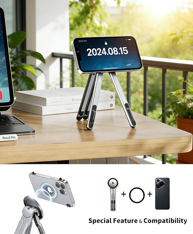 Laptop Stand for Desk, 8-Level Adjustable, Magnetic Phone Mount Silver | For 13–17 in laptops. Aluminum build, anti-slip support and fold-flat portability. Includes a magnetic ring and carry bag. - Image 5