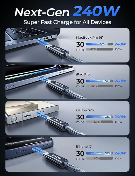 LISEN 240W Short USB C to USB C Cable (1.5FT/ 2 Pack/Midnight) | USBC Cable for iPhone 17/16/15 Pro Max, iPad Pro/Air, MacBook Pro/Air, Samsung Galaxy S26/S25 Ultra, Power Bank - Image 3