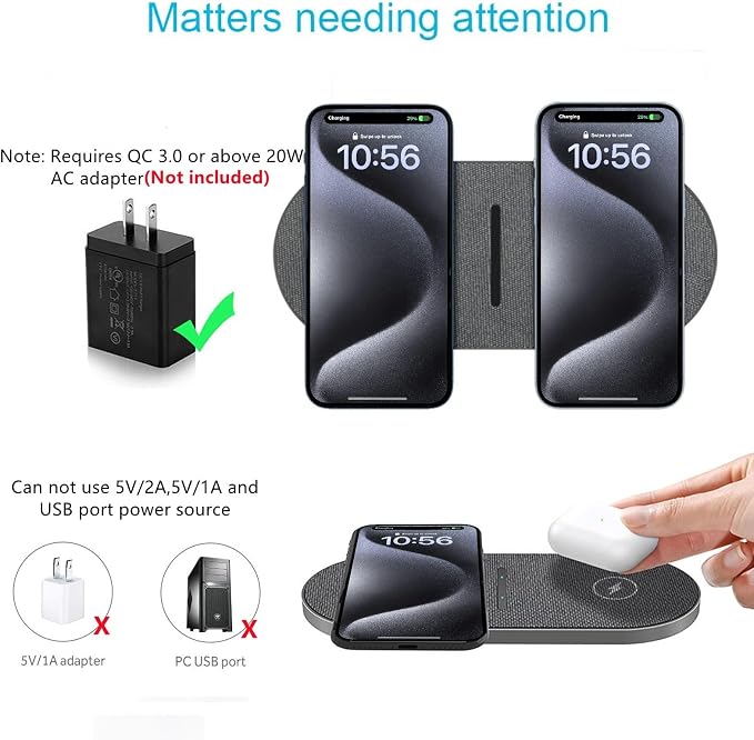 40W Wireless Charging Pad, Dual 20W Fast Wireless Charging Mat for iPhone 16 15 14 13 12 11/Pro/Pro Max/SE/X/XS,Apple Airpods 4/3/Pro,15W Wireless Charger Station for Samsung Galaxy/Note/Bud+ - Image 6