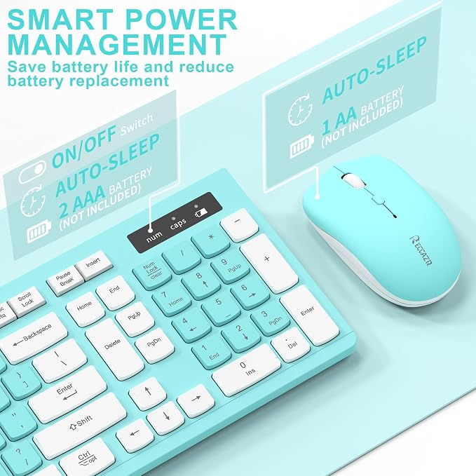 Wireless Keyboard and Mouse Combo Silent for Office and Home(Turquoise) | 2.4G Full Size Silent Cordless Keyboard with Tilt Legs,3-Level DPI Quiet Mouse,for Windows/Mac OS/Desktop/Laptop/PC - Image 4