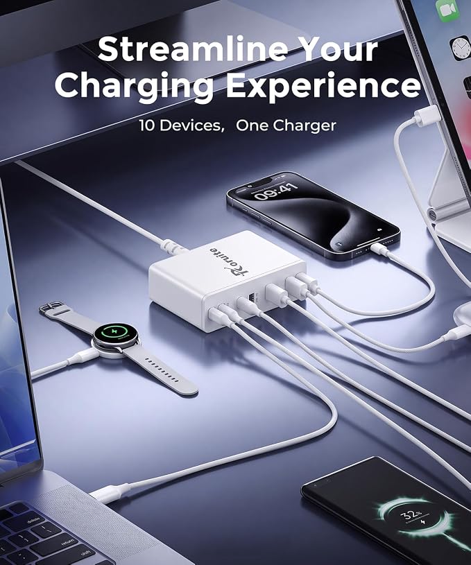 USB C Charging Station 10 Port with 4 Cables,245W GaN Charger Block | Type C Wall Charger Power Strip Adapter Plug for iPad iPhone17 16 15 14 13 12 Pro Max Pixel Note Galaxy White - Image 4