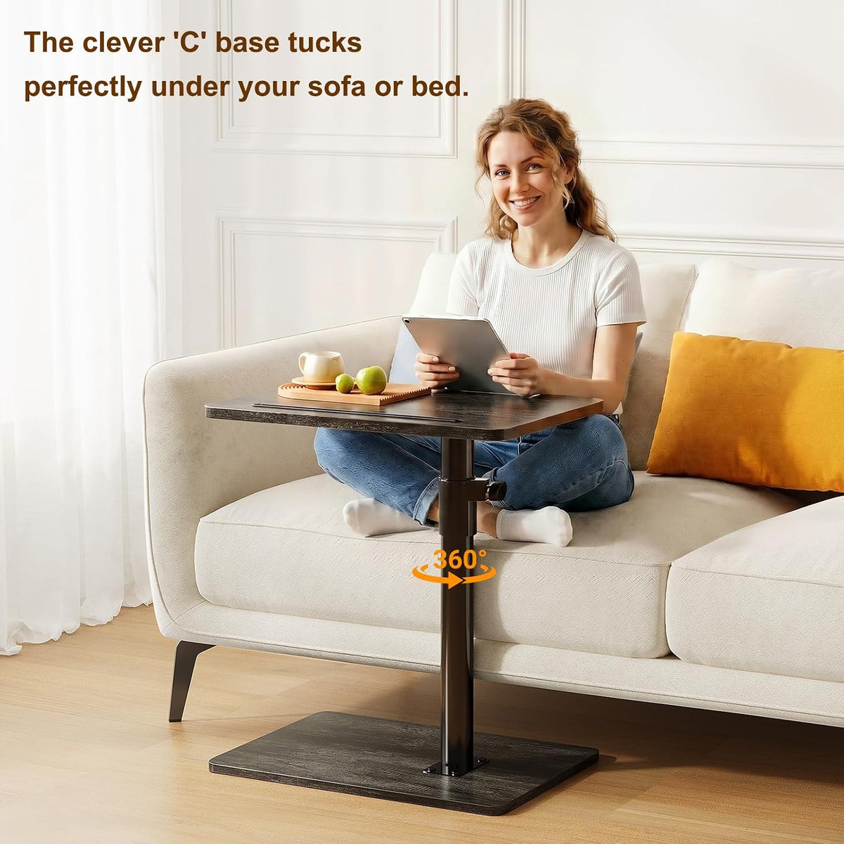 CAIYUN C Shaped Side Table, Height Adjustable Swivel 360° Rotating, Bend Table for Small Spaces, Sofa Side Table with Metal Frame for Living Room, Bedroom, Grey Oak - Image 5