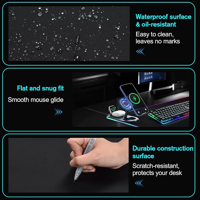 ELUTENG 4 in 1 RGB Gaming Mouse Pad with Wireless Charging Mat for Office | Waterproof Large Desk Mat 35.43"x15.75", Ultra-Smooth Non-Slip Keyboard Pad for Home Office - Image 6