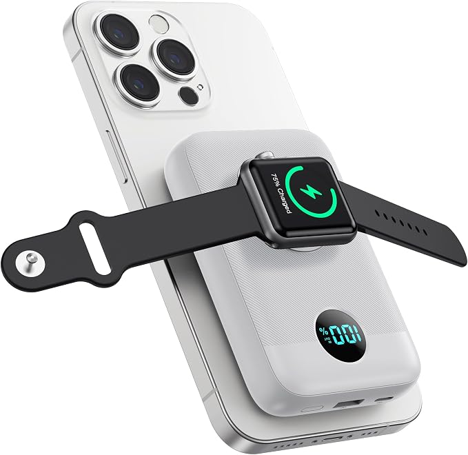Magnetic Portable Charger with Apple-Watch Charger,10800mAh 25W PD Fast Charging Wireless Power Bank,4 Outputs Travel Essential Battery Pack for iPhone 17/17 Pro Max/16/15/14/13/12 All Series (White) by Pxwaxpy