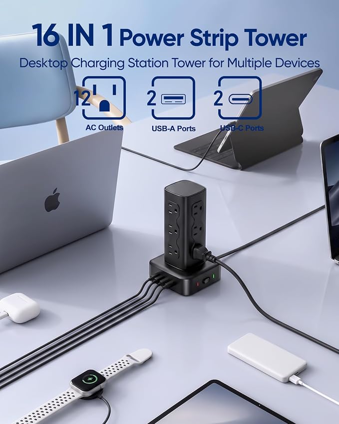 Power Strip Tower with 12 AC Outlets & 4 USB Ports(2 USB C), 6FT Cord | 16-in-1 Flat Plug Charging Station Tower , 6FT Extension Cord for Home Office Dorm, Black - Image 3