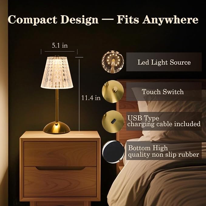 Crystal Table Lamp, 5000mAh Rechargeable Lamp with Touch Control, 3 Color Temperatures, Dimmable Brightness, Matte Aluminum Light for Bedroom/Bar/Kitchen/Outdoor (Fashion Gold, 5.55Inch-1Pc) - Image 2