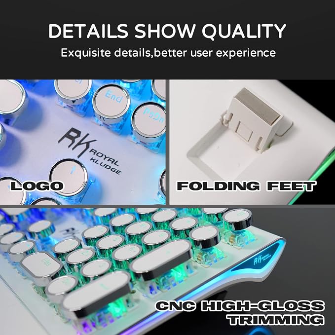 RK ROYAL KLUDGE S108 Typewriter Style Mechanical Gaming Keyboard with RGB Backlit, Wired PC Game Keyboard Full Size with Detachable Wrist Rest and Number Pad, Retro Round Keycaps, Red Switches White - Image 3