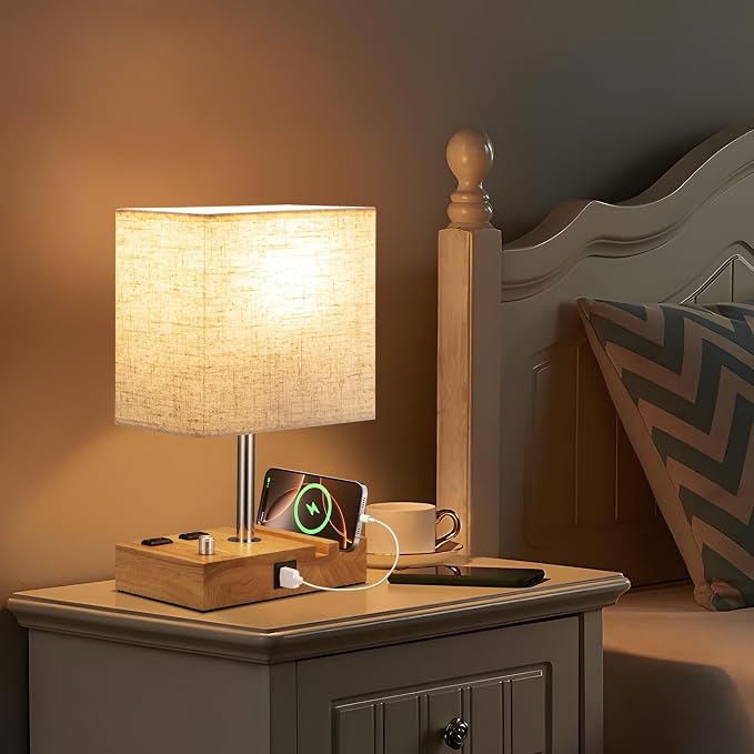 Wood Grain Table Lamp for Bedroom, Stepless Dimmable, USB C+A, 2 AC Outlets | Dimming By Rotary Knob, USB C+A Ports, 2 Phone Stands, LED Bulbs Included, Rectangle Beige Lampshade, for Living Room, Desk - Image 6