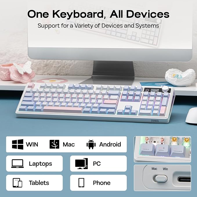 EPOMAKER TH108 V2 PRO Full Size Mechanical Keyboard with Screen&Knob | 10000mAh, BT/2.4Ghz, Mac Modifier PBT Keycap, RGB, Gasket, Wireless Gaming Keyboard for Mac/PC (Blue, Sea Salt Silent) - Image 6