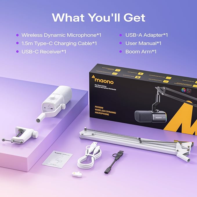 MAONO PD100W Wireless Dynamic Gaming Microphone for PC with USB-C Receiver | One-Click Noise Reduction,Custom RGB,Mute,Monitoring, Companion App,Boom Mic Set for Game Streaming Discord Podcasting, White - Image 8