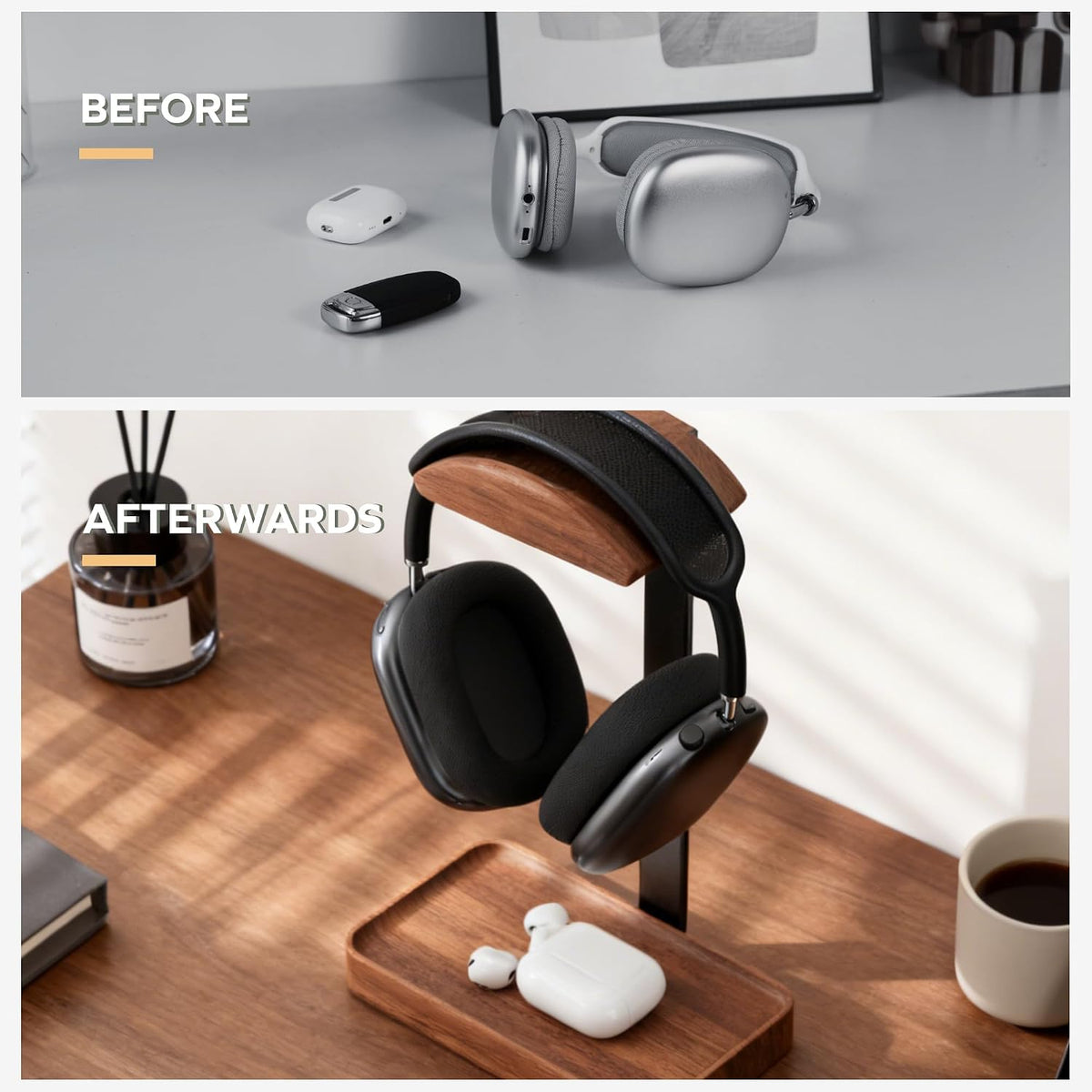 muso wood Walnut Headphone Stand, Wood Headset Stand with Storage Base - Image 7
