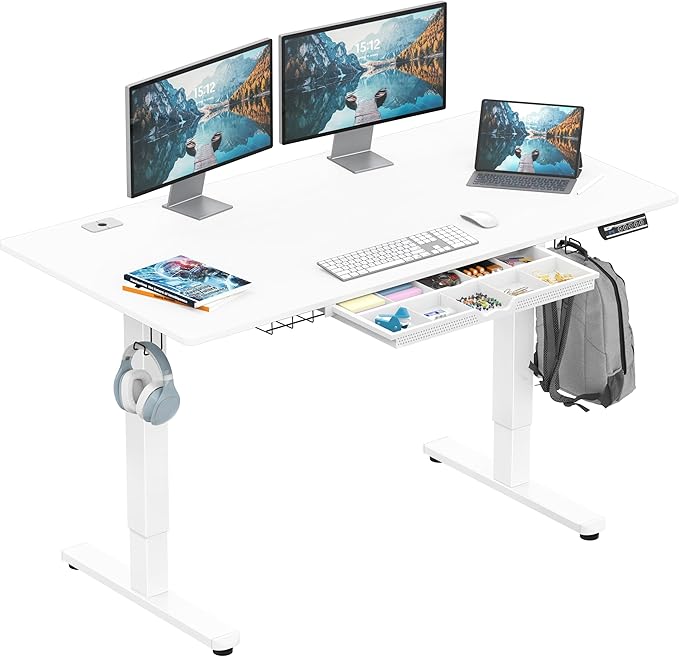 SHW 55 x 28 Electric Height Adjustable Standing Desk w/Drawer, White | w/ Memory Presets and Cable Management | Drawer with adjustable compartments | Hanging Hooks by SHW