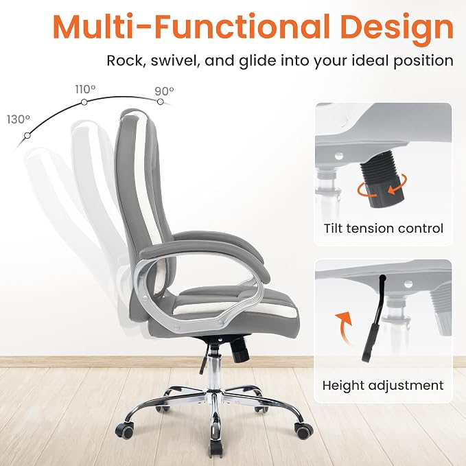NEO CHAIR Office Desk Chair PU Leather Chair with Lumbar Support, Grey | Ergonomic High Back Executive Computer Chair, Comfortable Padded Fixed Armrests Swivel Chair with Wheels for Office/Home - Image 7