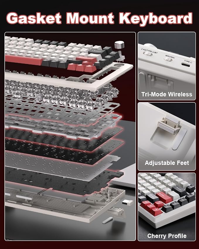 Y75 Wireless Mechanical Keyboard,75% Hot Swappable Custom Keyboard with Knob,RGB Backlit, PBT Keycaps,2.4GHz/USB-C/BT5.0 Mechanical Gaming Keyboards(White&Red,Milk Switch) - Image 5