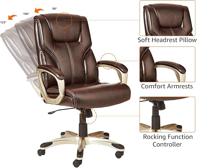 Amazon Basics Executive High Back Office Chair, Adjustable Height, Tilt, Swivel, Padded Armrests, Brown/Gold - Image 4