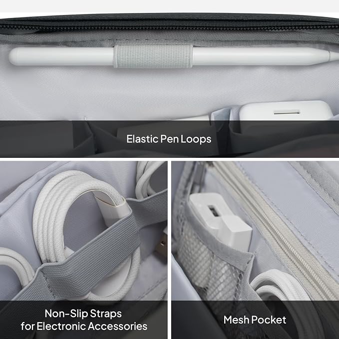 TOPEAST Quilted Cable Organizer Bag, Soft Tech Pouch & Travel Electronics Case with Elastic Pen Loop, Tangle-Free Cord Organizer for Women, Office Desk, AirPods, Chargers & Accessories, Black - Image 5