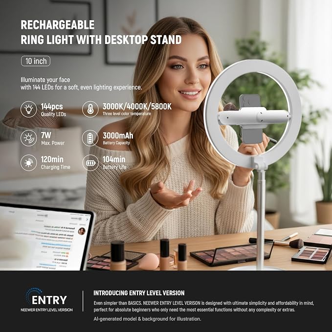 NEEWER Entry Level Version 10" 7W LED Selfie Ring Light with Desk Stand/Phone Holder/3 Modes, CRI85+ 3000mAh Rechargeable Video Conference Lighting for iPhone Streaming Video Recording Makeup, N17 - Image 2