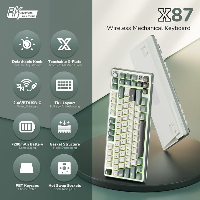 RK ROYAL KLUDGE X87 Gasket Mechanical Keyboard, 75% Wireless Gaming Keyboard with Touchable X-Plate & Volume Knob, Bluetooth/2.4GHz/Wired, Hot Swappable RGB Backlit (Green, Light Switch) - Image 2