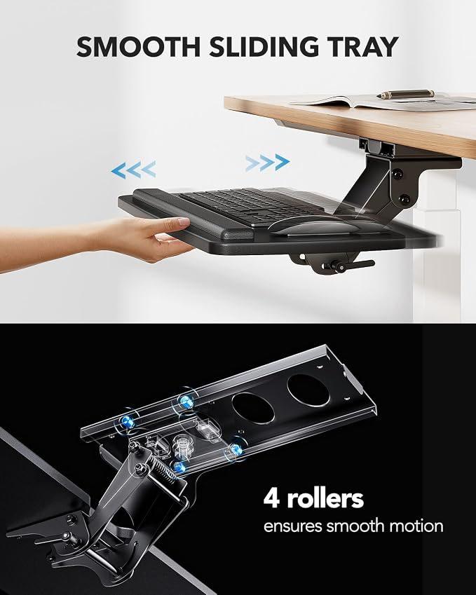 HUANUO Under Desk Keyboard Tray, 360 Degree Adjustable Mouse Platform | 25 x 9.84 inch tray, wrist rest, 6.3 inch height adjustment, slide-out design, tilt and swivel for typing comfort - Image 7
