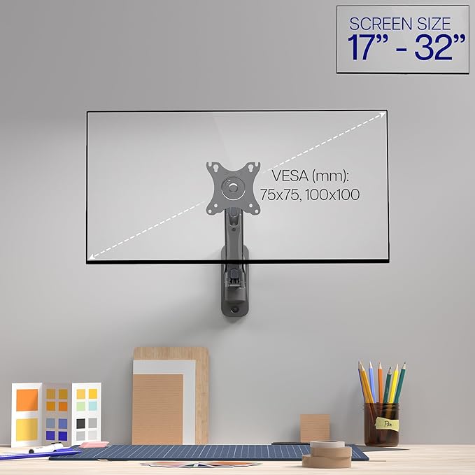 VIVO Height Adjustable Pneumatic Arm Single Monitor Wall Mount, Full Motion Articulating, Fits 17 to 32 inch Screen, Black, MOUNT-V001A - Image 2