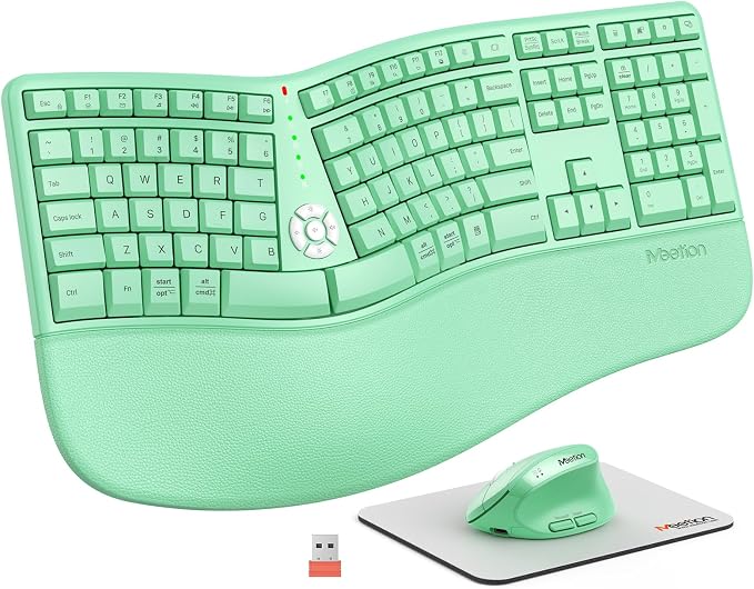 MEETION Ergonomic Keyboard Mouse Combo, Split Design Vertical Mouse Green | Rechargeable full-size keyboard with cushioned wrist rest, 2.4GHz USB receiver, natural typing, for Windows, Mac, PC, laptop by MEETION