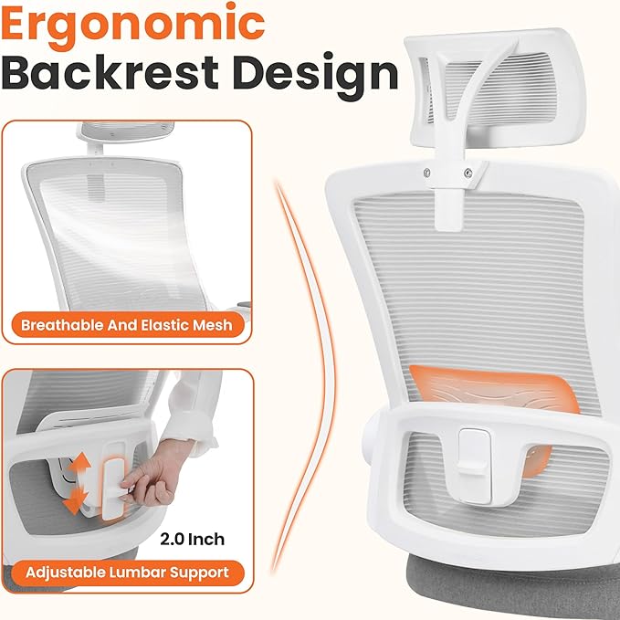 NEO CHAIR Office Desk Chair with Ergonomic High Back Mesh Headrest, Grey | Adjustable Headrest and Lumbar Support with Flip-Up Armrests Designed for Extended Sitting Comfort While Saving Space - Image 3