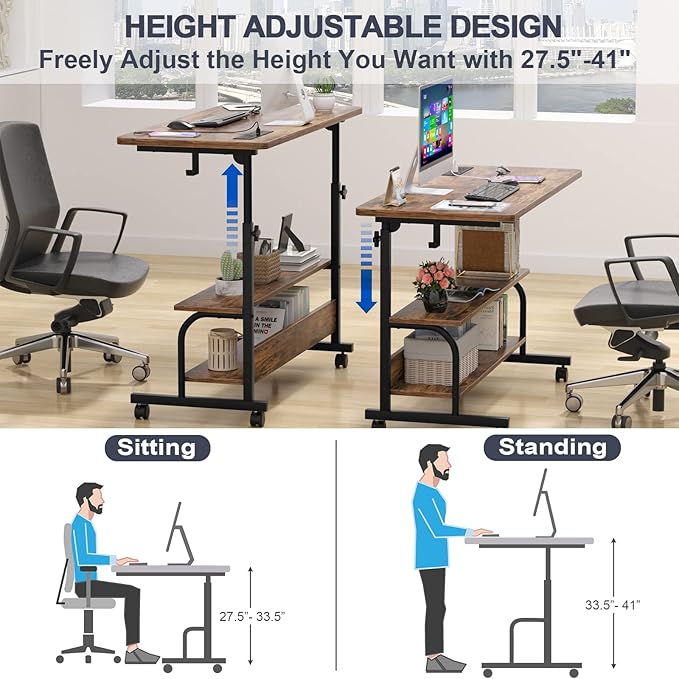 39" Rolling Standing Desk with Charging Station for Couch Bed | Height Adjust 27.5-41", 2 AC/3 USB, Mobile 4 Lockable Wheels, 2-tier Shelves Hook, Safe Corner Fast Assembly - Image 3