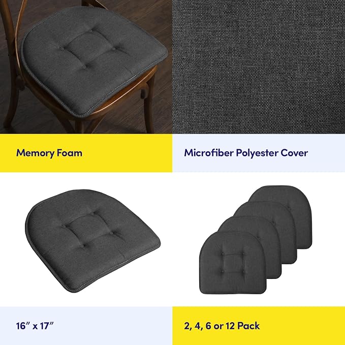 Sweet Home Collection Chair Cushion Memory Foam Pads Tufted Slip Non Skid Rubber Back U-Shaped 17" x 16" Seat Cover, 2 Count (Pack of 1), Charcoal - Image 6