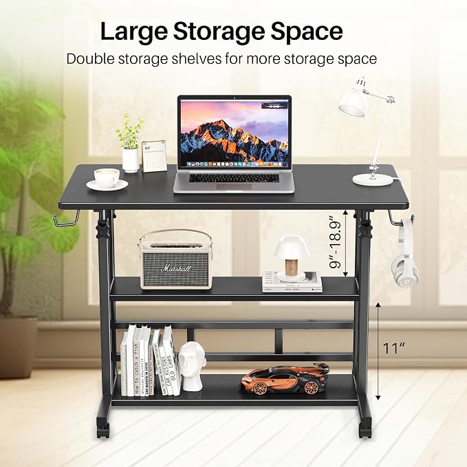 Adjustable Height Standing Desk, Rolling Stand Up Desk with Storage Shelves, 31.5" Small Mobile Computer Desk, Portable Laptop Table (Simple Black) - Image 6