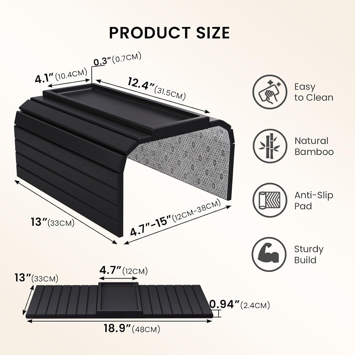 Bamboo Folding Sofa Arm Tray with Anti-Slip Pad (Black) - Image 6