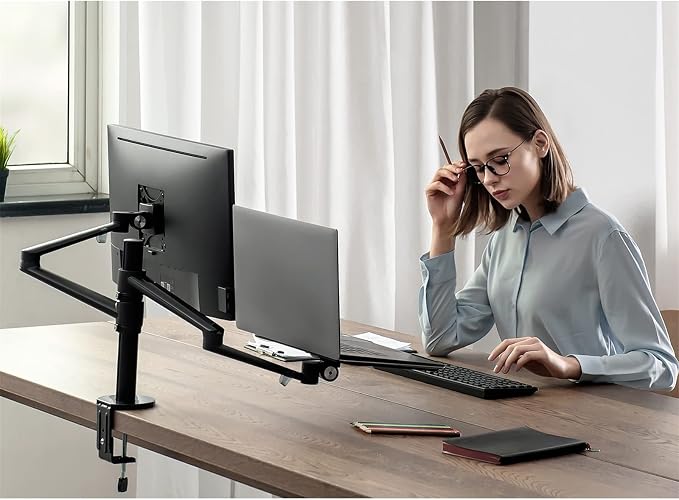 Viozon Monitor and Laptop Mount, 2-in-1 Adjustable Dual Arm Desk Mounts Single Desk Arm Stand/Holder for 17 to 32 Inch LCD Computer Screens, Extra Tray Fits 12 to 17 inch Laptops (Black) - Image 2